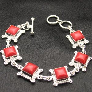 New Sterling Silver Red Coral Cab Bracelet